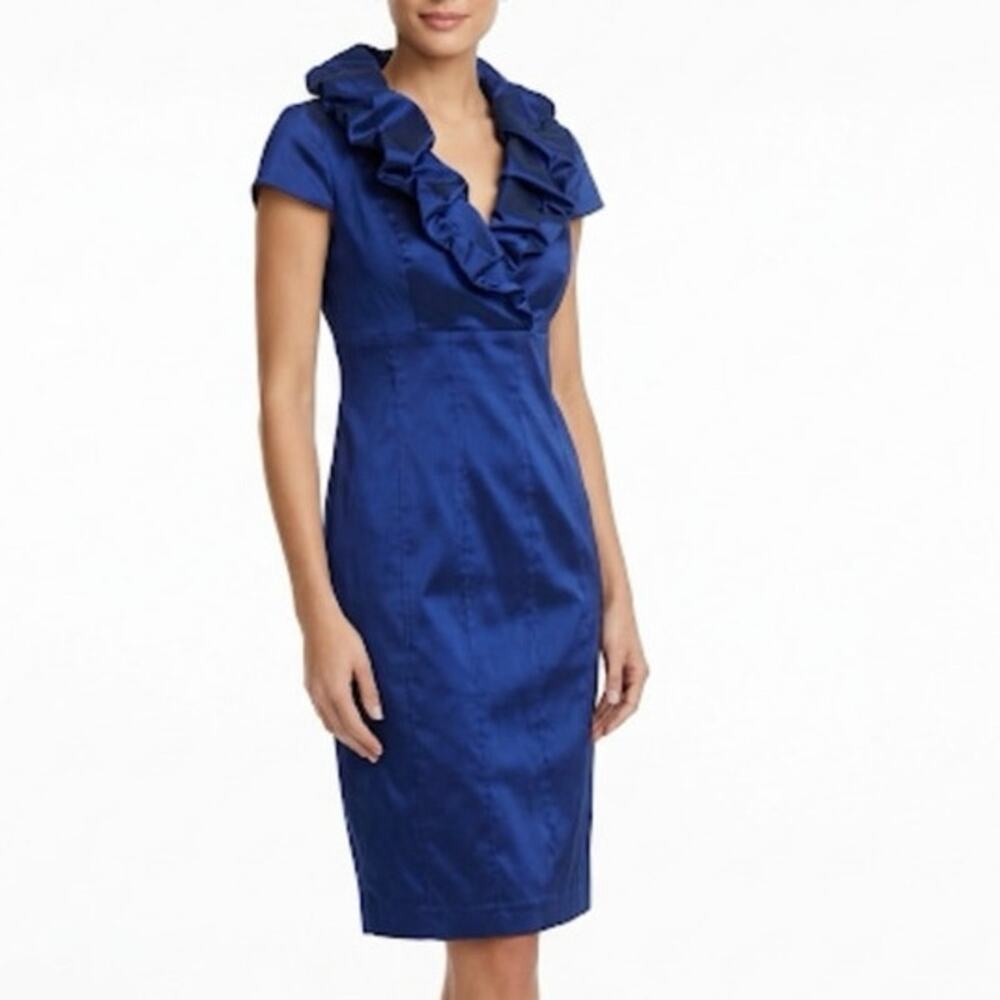 Adrianna Papell Sapphire Blue Ruffle Collar Taffeta Midi Sheath Dress Size 4